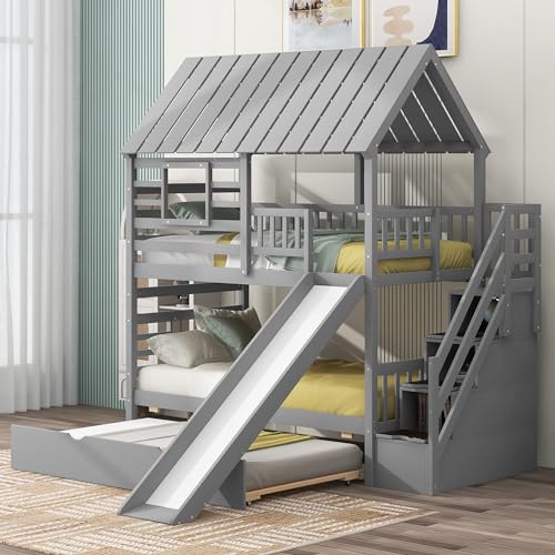 White Twin Over Twin Wood Bunk Bed with Slide and Trundle L618
