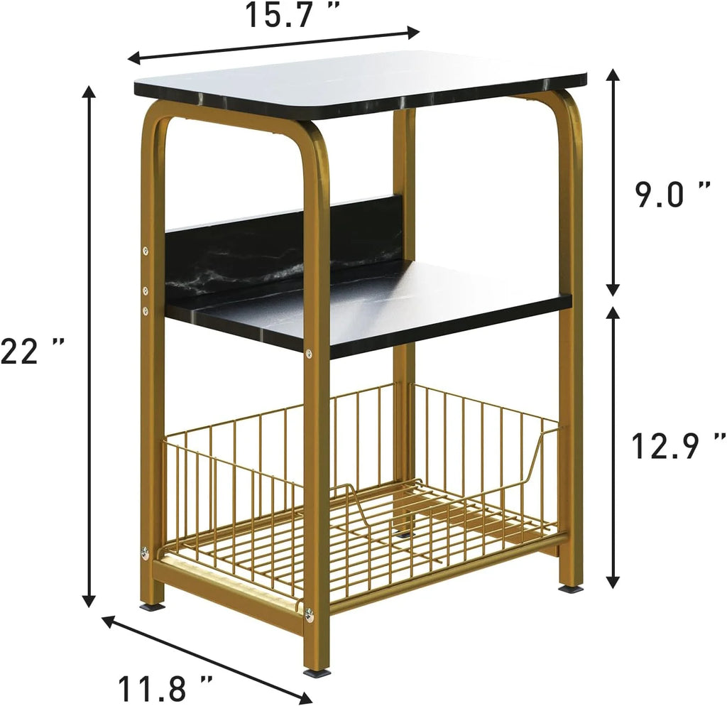 Black Marble 3 Tiers Nightstand with Wood and Metal Frame H40626