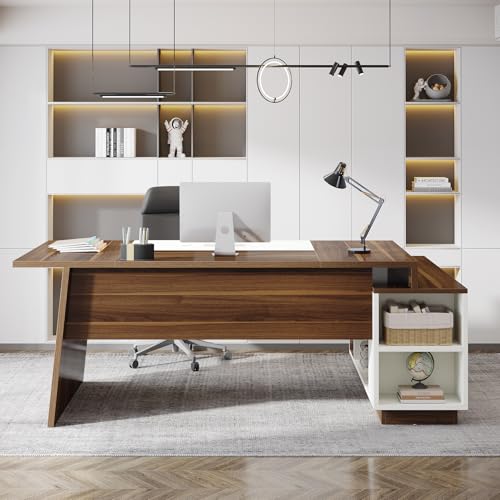 L-Shaped Executive Office Desk with Storage Cabinet and Shelves F937