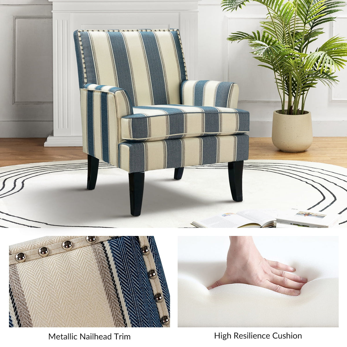 Navy Upholstered Accent Chair with Wood Legs T914149