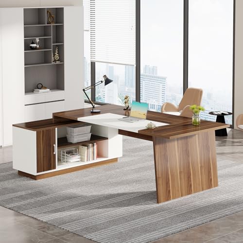 L-Shaped Executive Office Desk with Storage Cabinet and Shelves F937