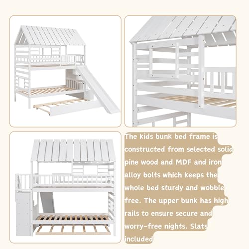 White Twin Over Twin Wood Bunk Bed with Slide and Trundle L618