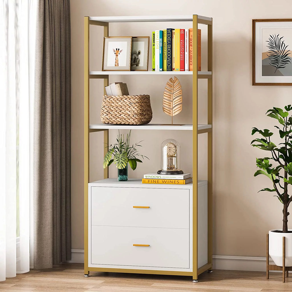 4 Tier Bookshelf with 2 Drawers White and Gold J4012