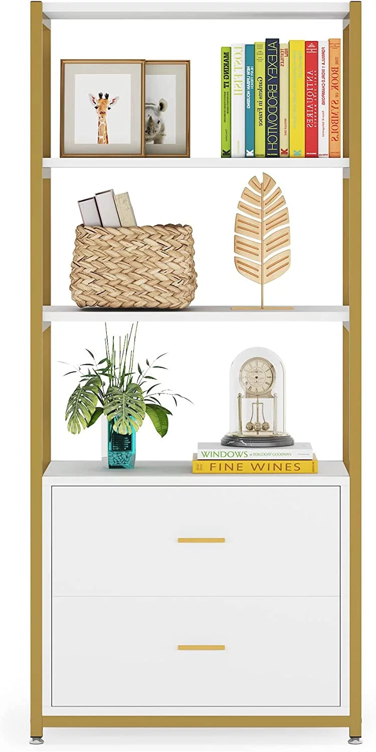 4 Tier Bookshelf with 2 Drawers White and Gold J4012
