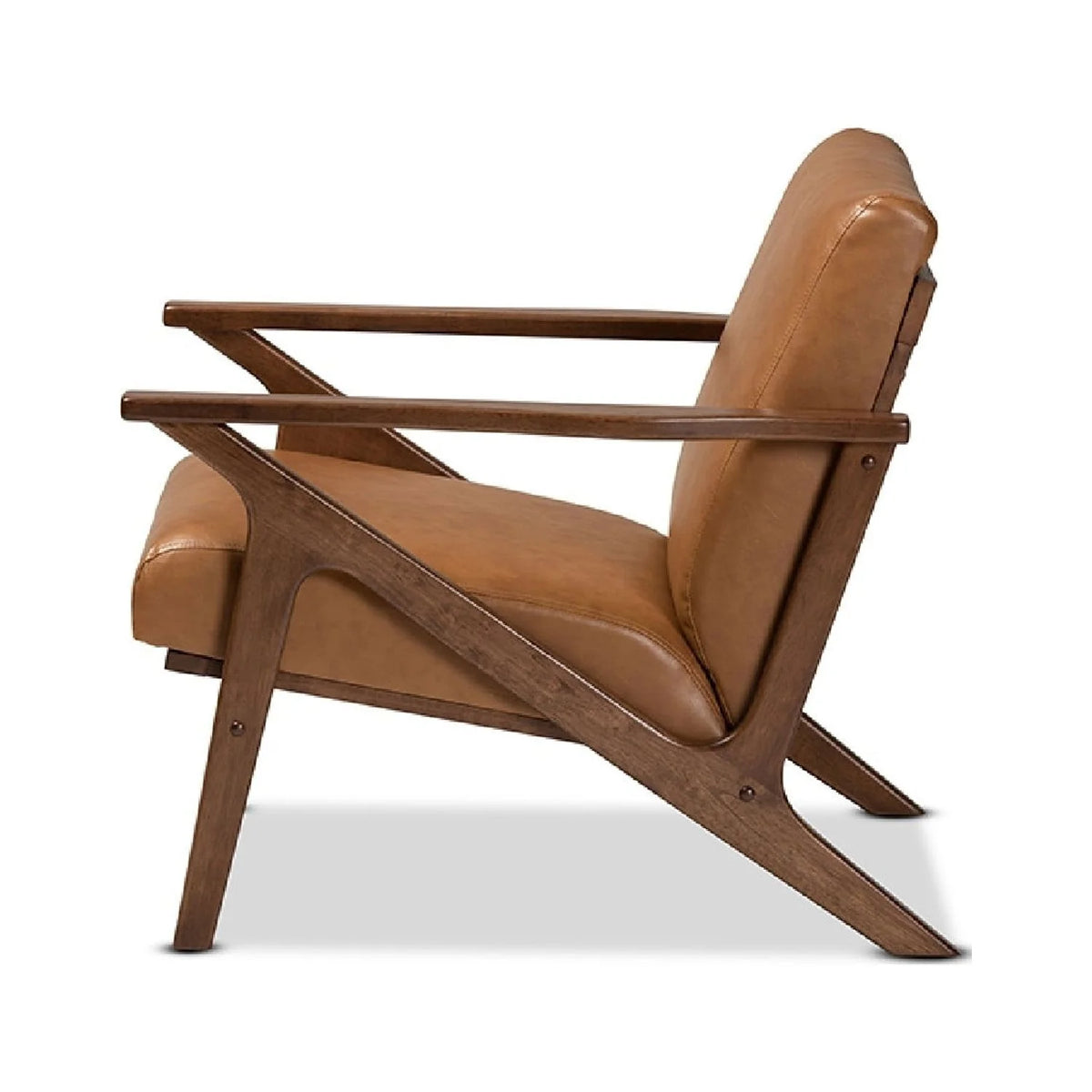 Walnut Brown Wood and Tan Faux Leather Lounge Chair S936