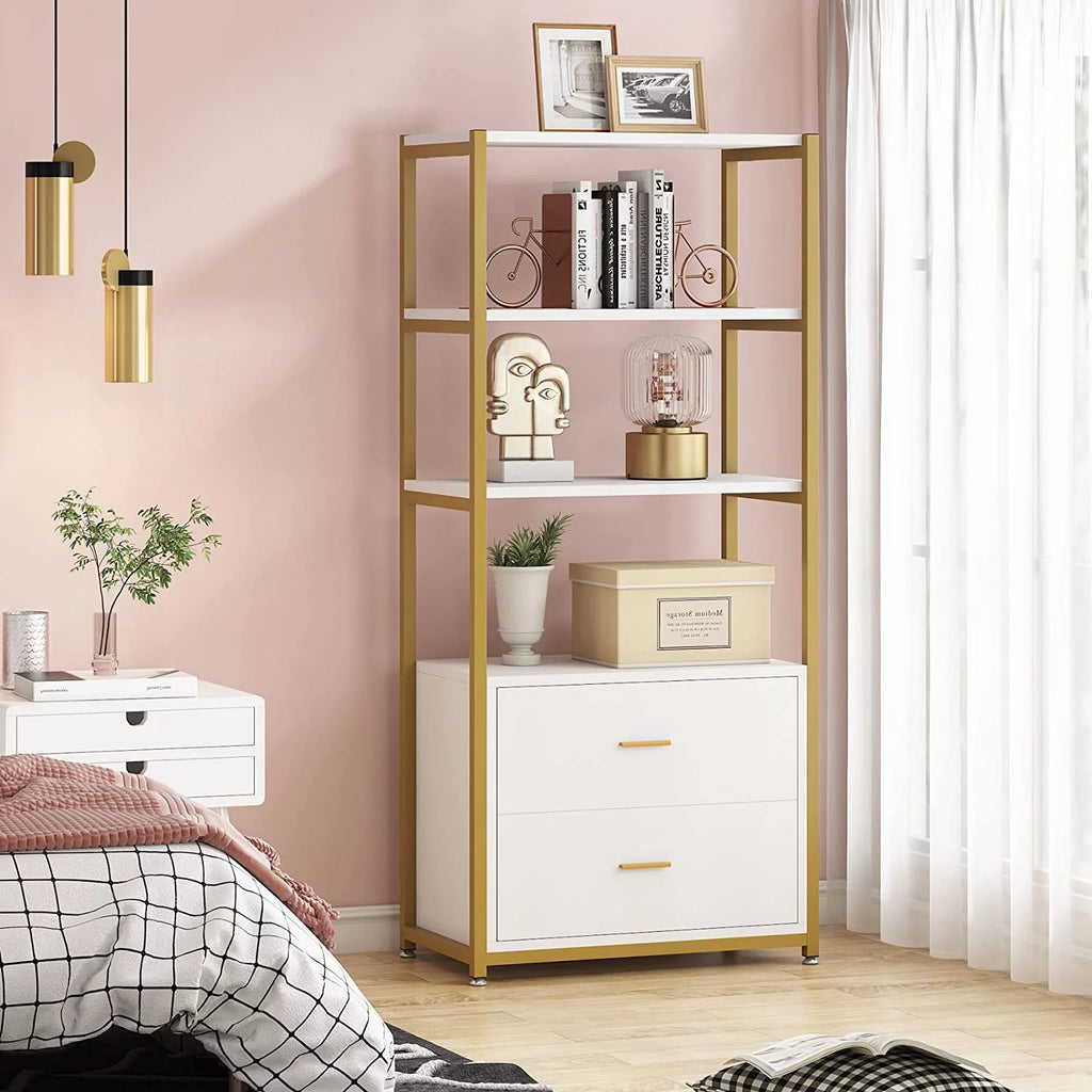 4 Tier Bookshelf with 2 Drawers White and Gold J4012