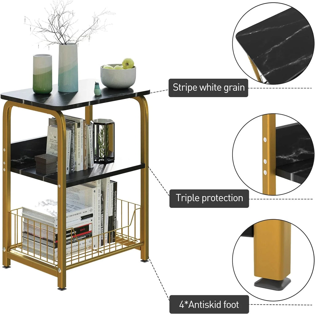 Black Marble 3 Tiers Nightstand with Wood and Metal Frame H40626