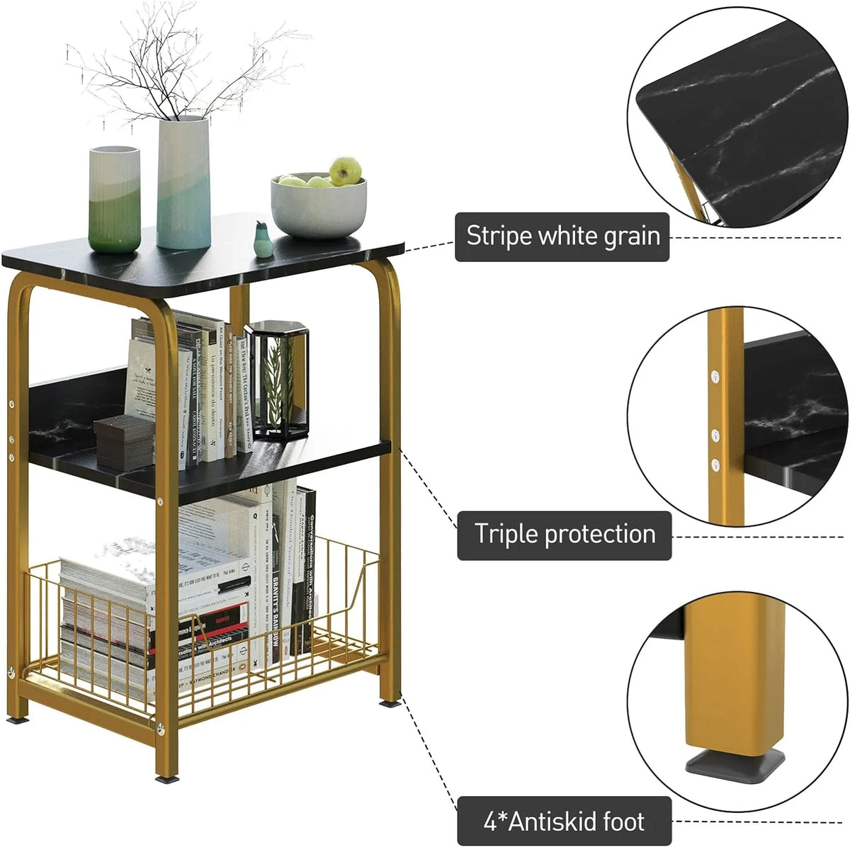 Black Marble 3 Tiers Nightstand with Wood and Metal Frame H40626
