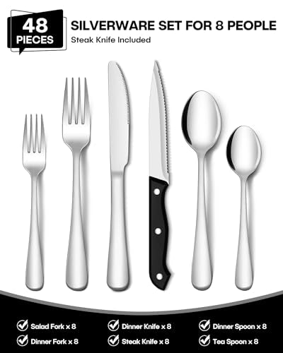 48-Piece Stainless Steel Hammered Silverware Set with Steak Knives S37758