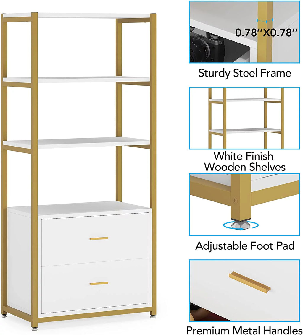 4 Tier Bookshelf with 2 Drawers White and Gold J4012