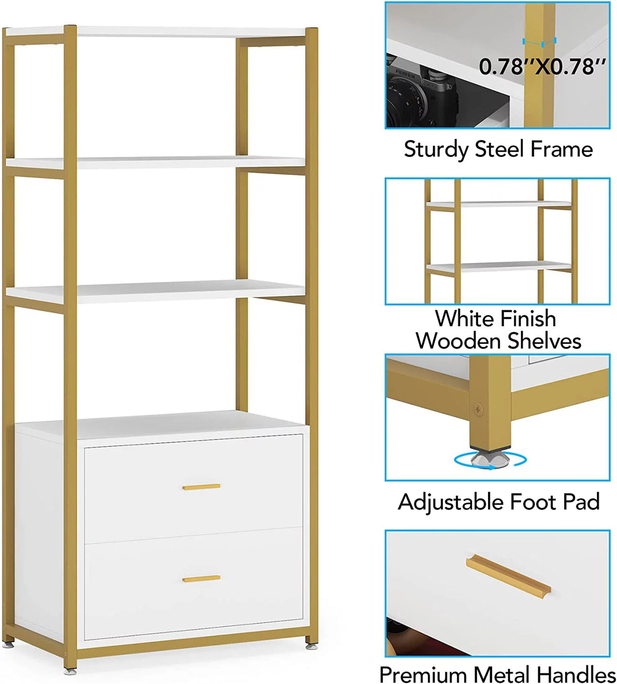 4 Tier Bookshelf with 2 Drawers White and Gold J4012