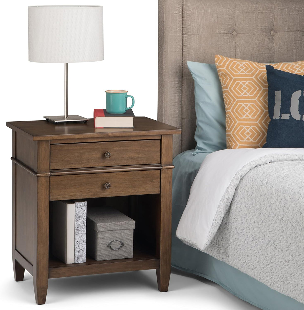 White Solid Wood 2 Drawer Night Stand with Shelf A7315