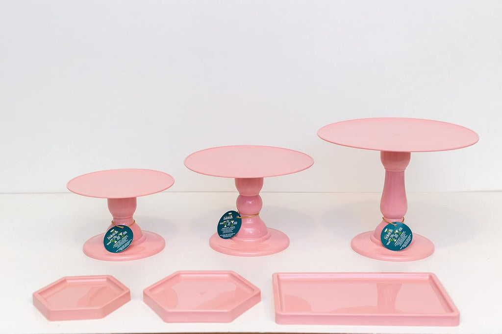 ABS Plastic Colorful Set of 3 Cake Stands 2 Hexagon Trays 1 Rectangular Tray Pink T329893