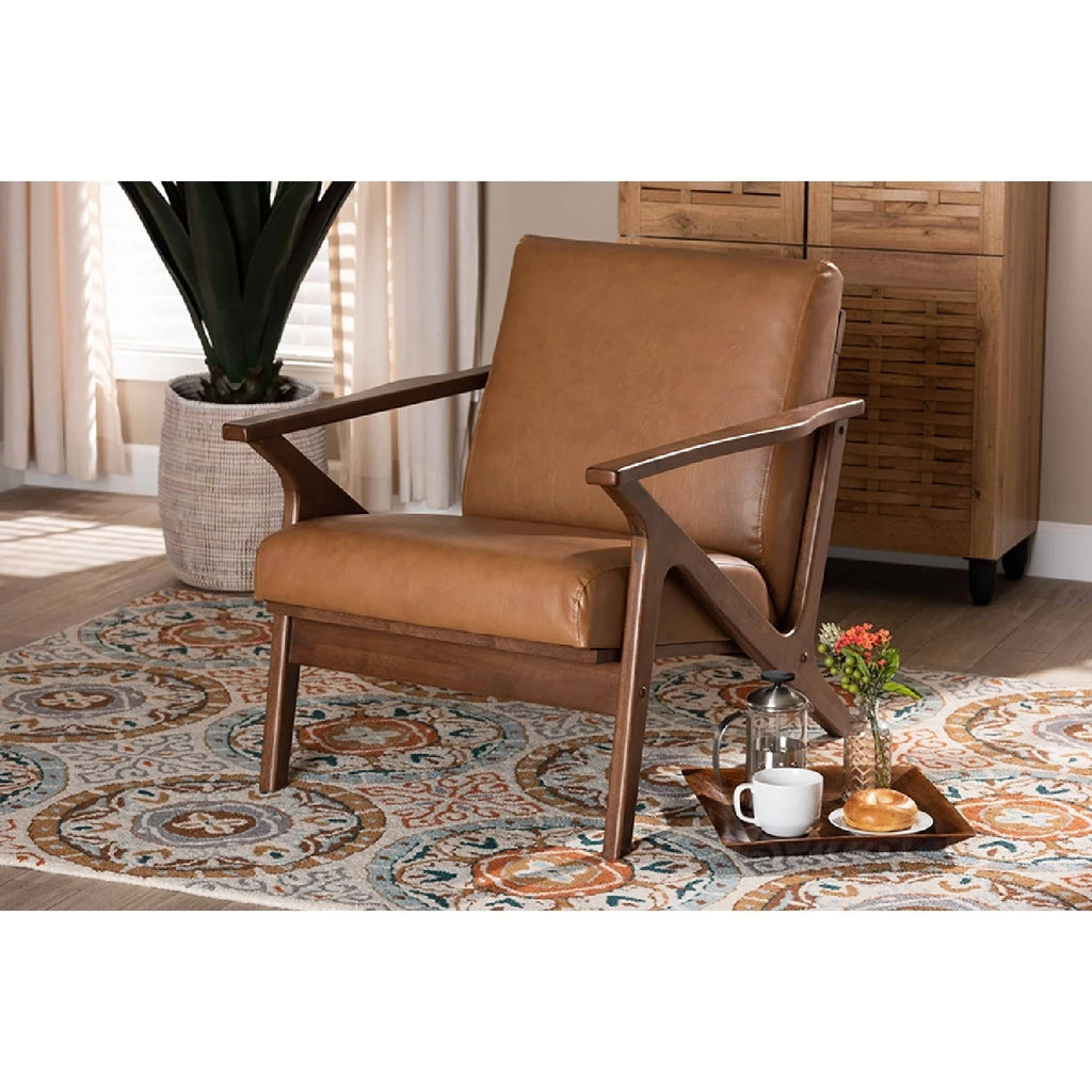 Walnut Brown Wood and Tan Faux Leather Lounge Chair S936