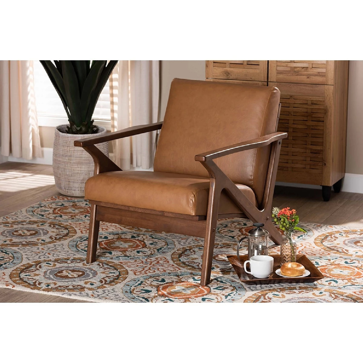 Walnut Brown Wood and Tan Faux Leather Lounge Chair S936