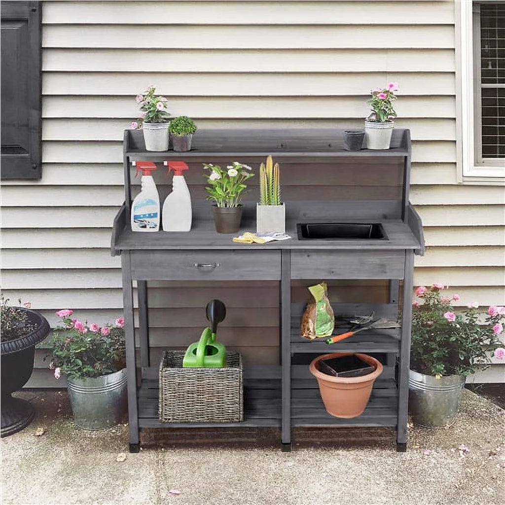 Wooden Potting Bench with Sink Drawer Rack Y748992