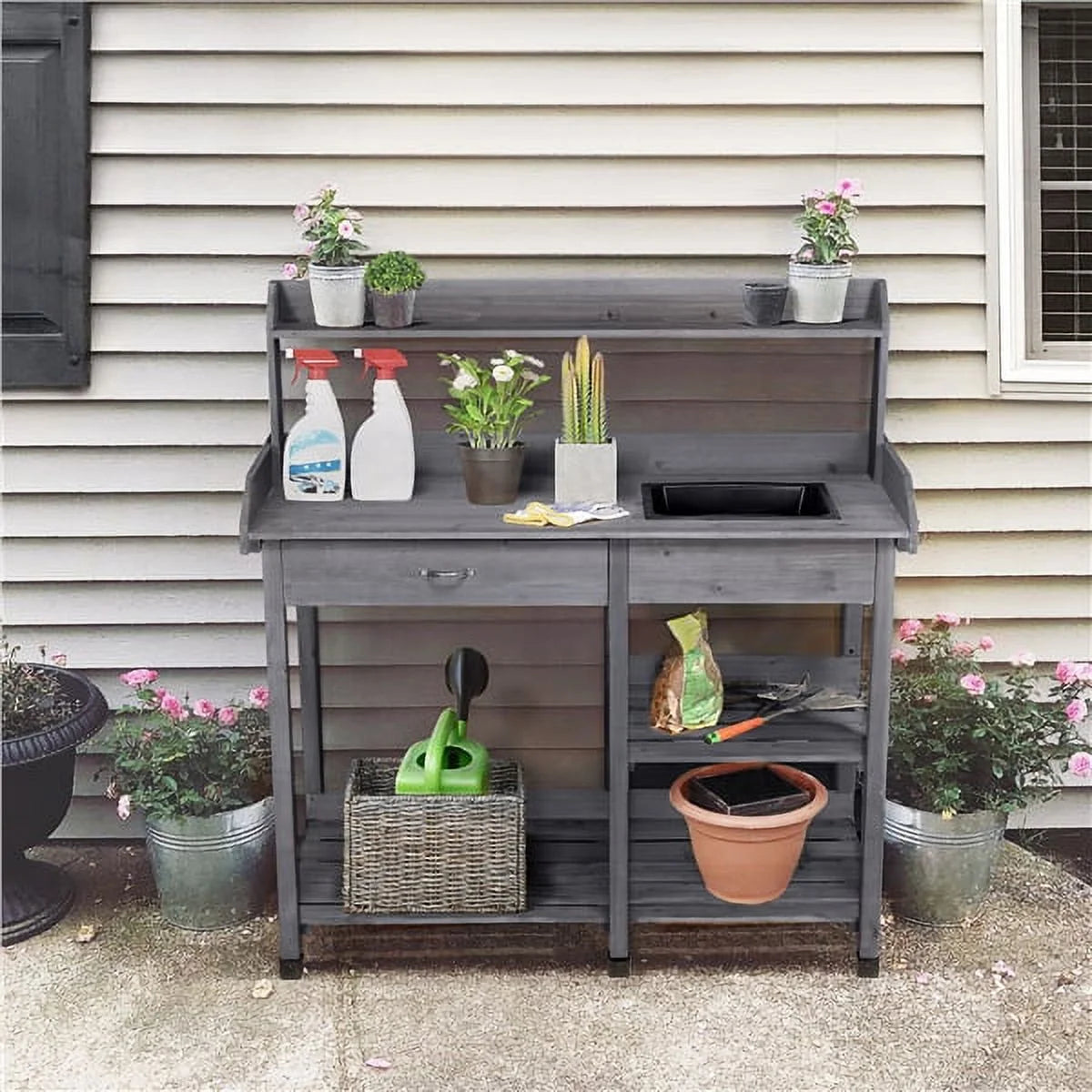 Wooden Potting Bench with Sink Drawer Rack Y748992