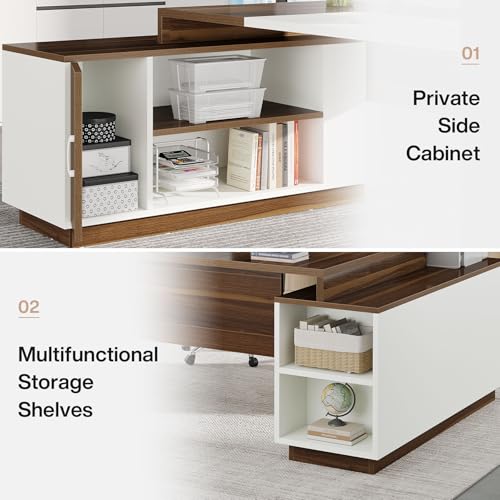 L-Shaped Executive Office Desk with Storage Cabinet and Shelves F937