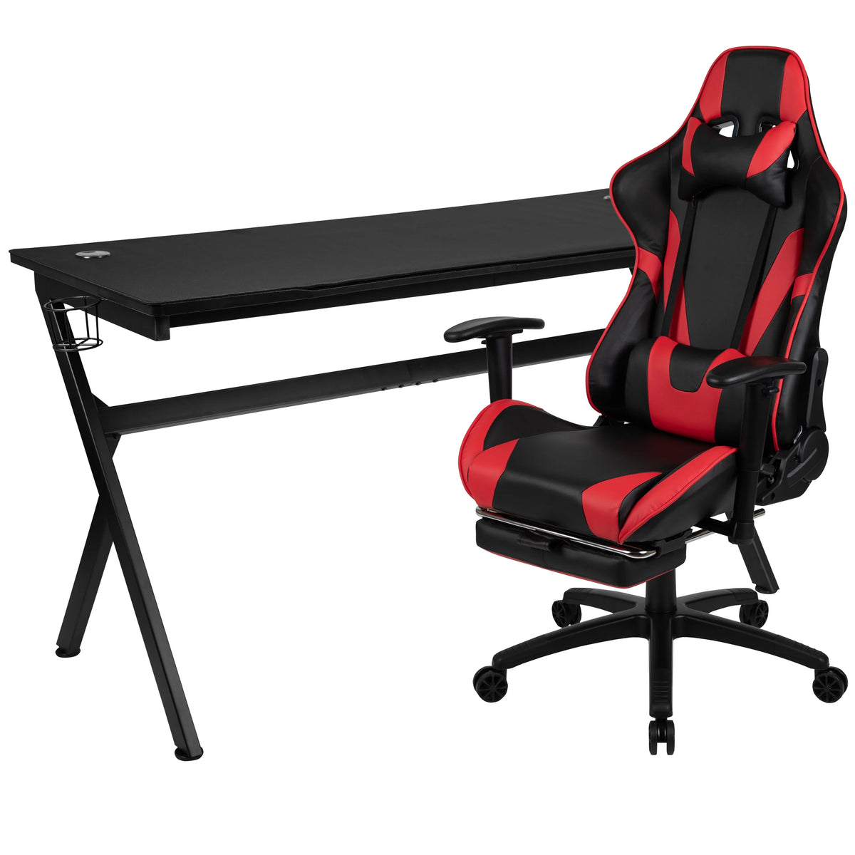 Black Red Gaming Desk with Cup Headset Holder Mouse Pad T762330
