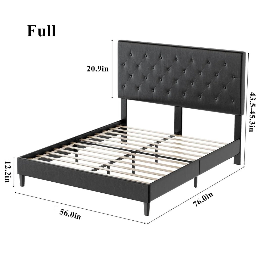 Black Faux Leather Upholstered Button Tufted Full Size Platform Bed Frame with Adjustable Headboard T17948
