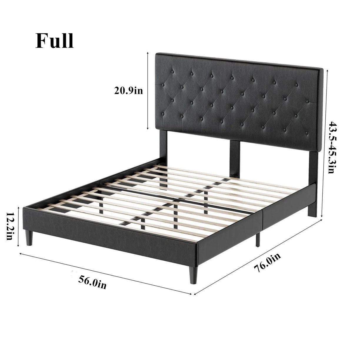 Black Faux Leather Upholstered Button Tufted Full Size Platform Bed Frame with Adjustable Headboard T17948