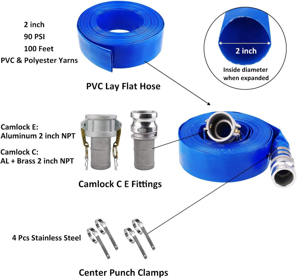 2 x 100' Blue PVC Heavy Duty Discharge Hose with Aluminum Camlock Fittings S1669