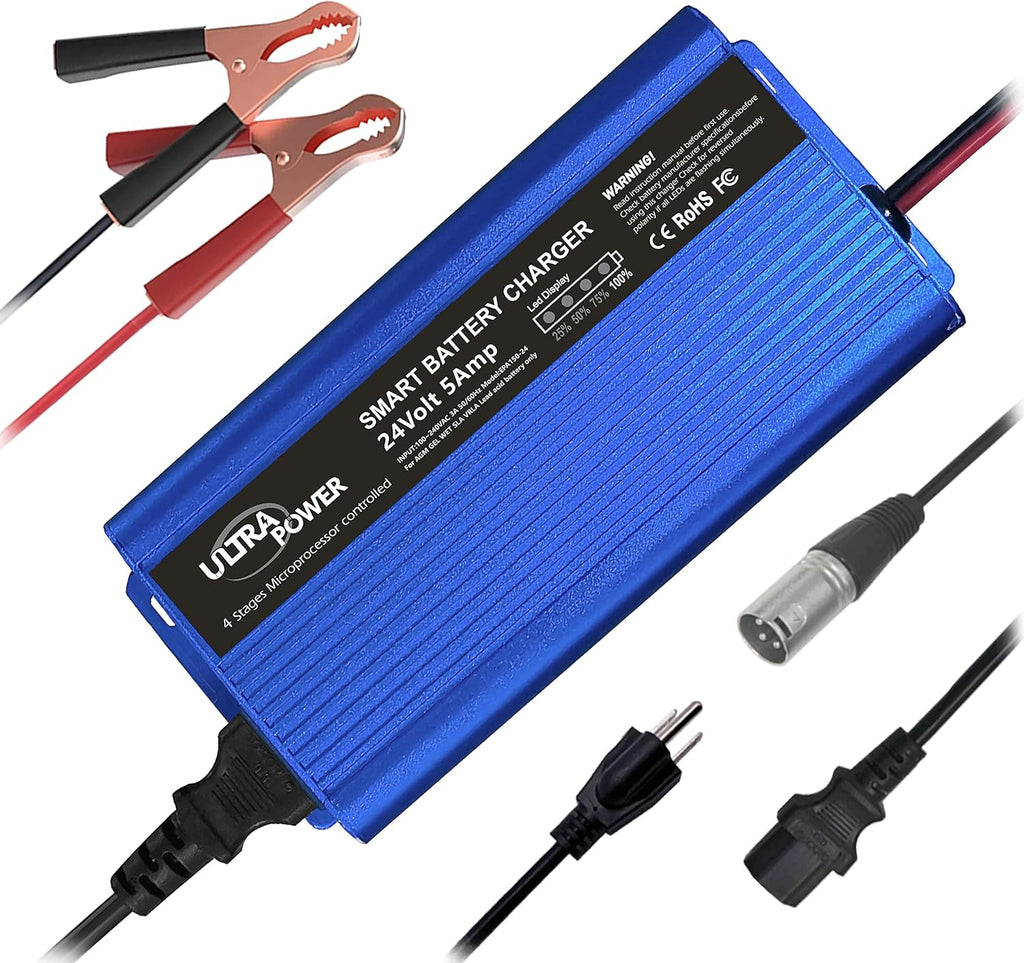 24 Volt 5-Amp Smart Battery Charger Maintainer Desulfator with I/O Switch W125