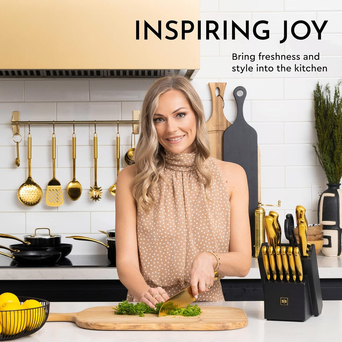 19 Piece Black and Gold Knife Set with Block Self Sharpening and Cooking Utensils Set P80541