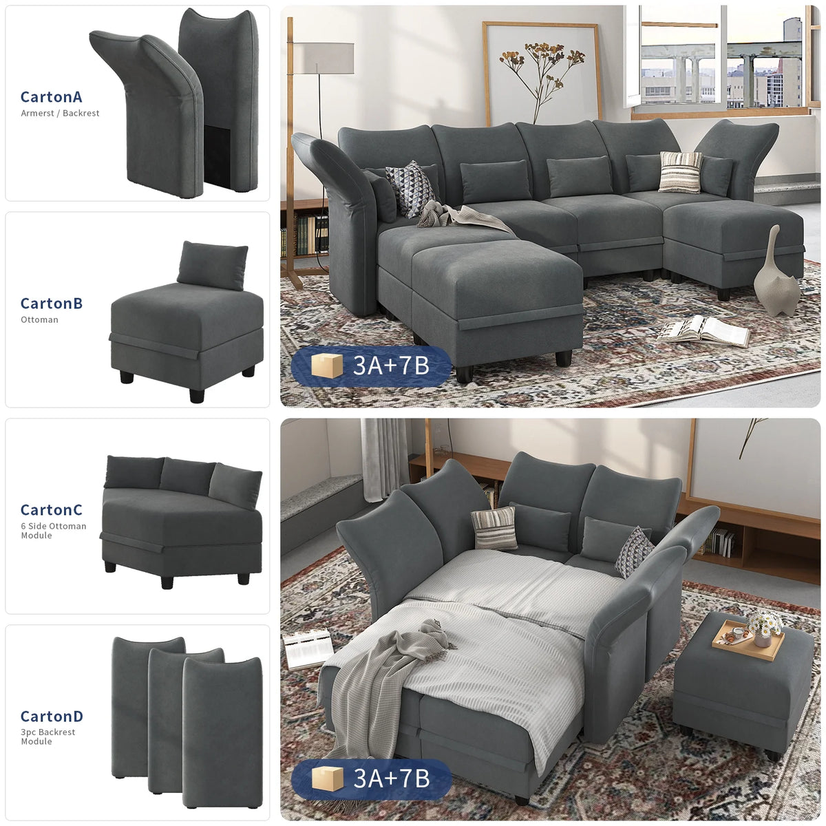 7-Seater Grey Velvet U Shaped Modular Sectional Sofa with Storage Chaise J776819
