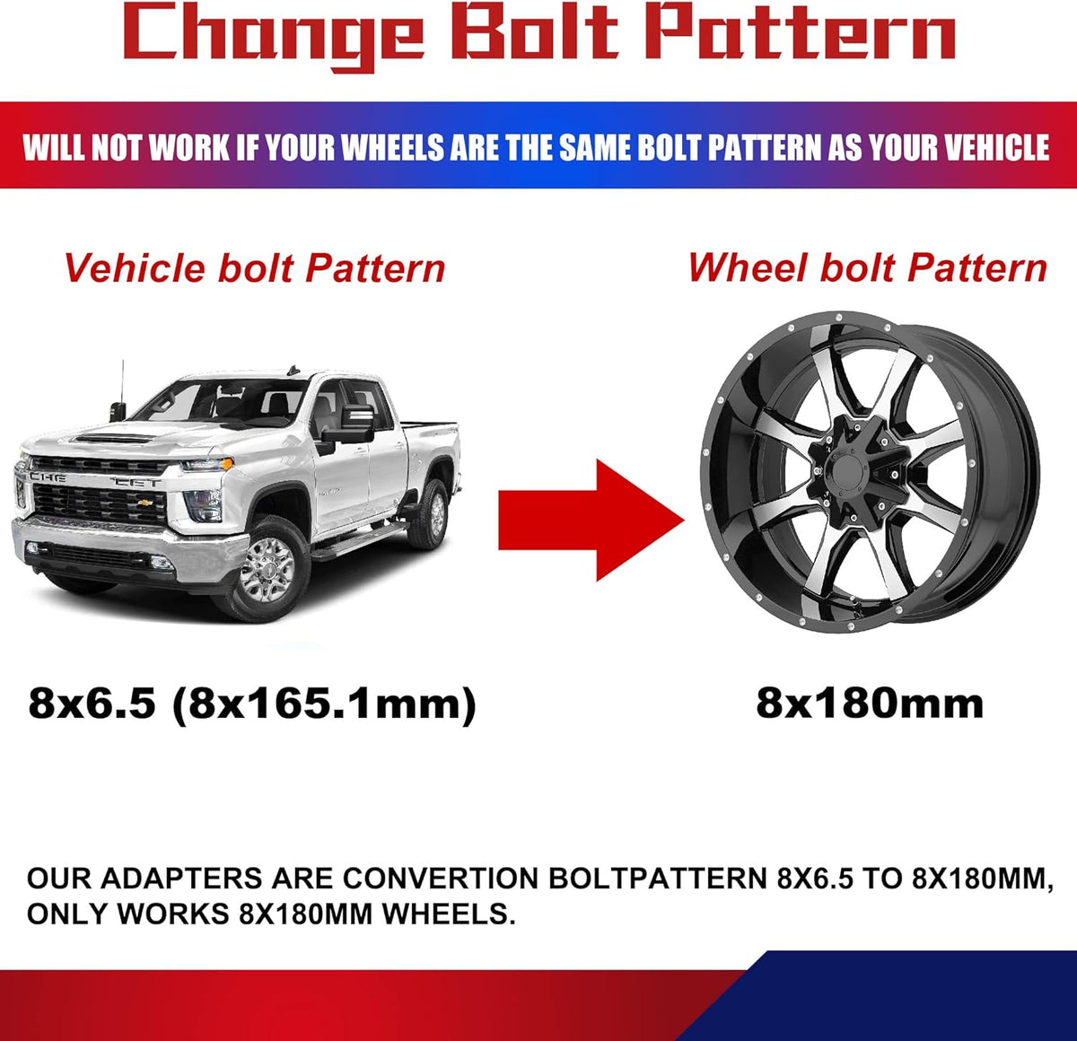 2PCS 8x6.5 to 8x180 Forged Wheel Adapters, 1.5 inch, M14x1.5, Pack of 2 W98223