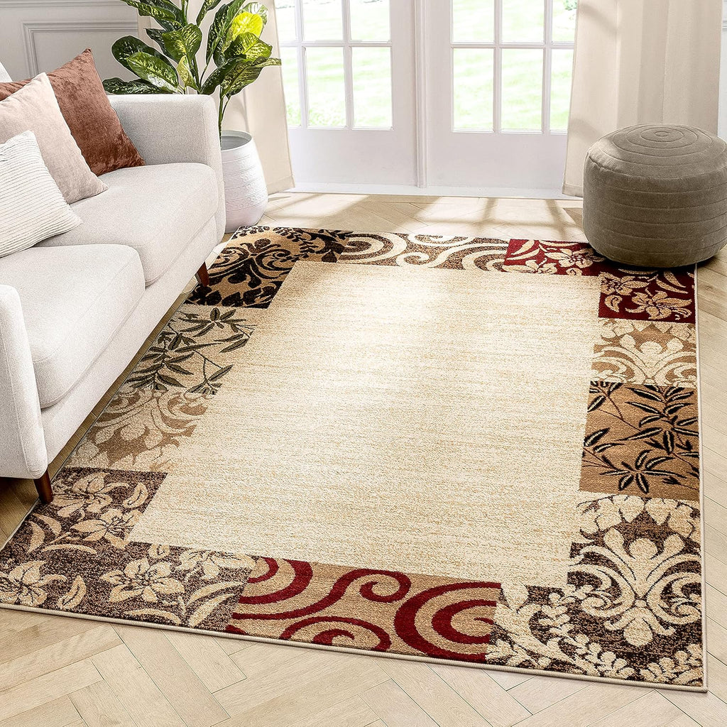 Beige Damask Border Rug 7x10 Oval T120024