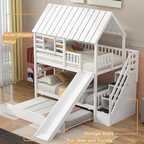 White Twin Over Twin Wood Bunk Bed with Slide and Trundle L618