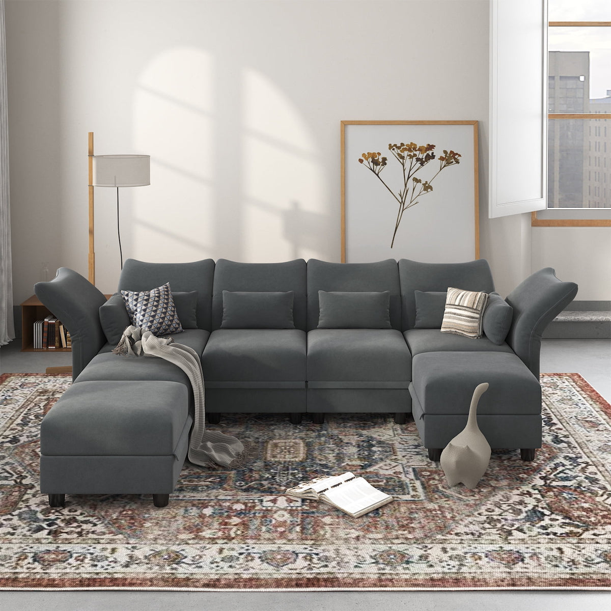 7-Seater Grey Velvet U Shaped Modular Sectional Sofa with Storage Chaise J776819