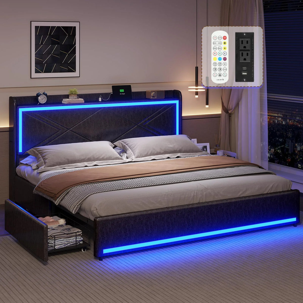King Size Faux Leather Upholstered Platform Bed Frame with Storage Drawers, LED Lights Headboard, USB-C Charging Station, Black M77742