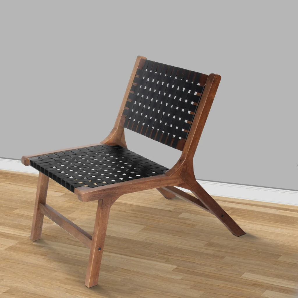 Walnut Brown Mango Wood Accent Chair with Woven Genuine Leather Seat V775