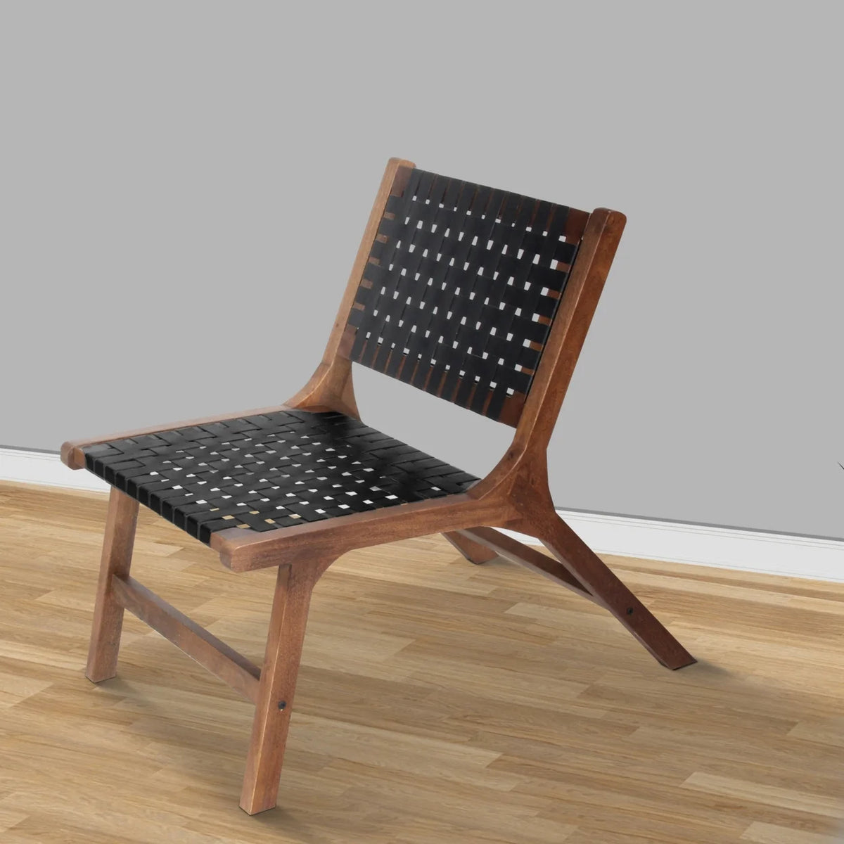 Walnut Brown Mango Wood Accent Chair with Woven Genuine Leather Seat V775