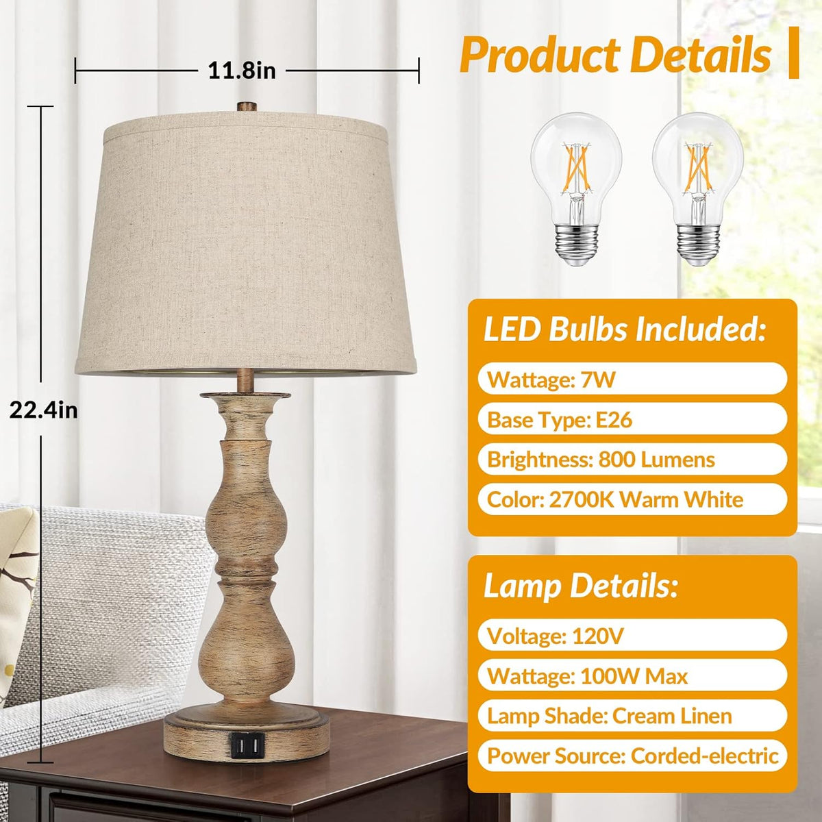 Set of 2 Touch Control Table Lamps with USB Ports, Cream Shades W3269