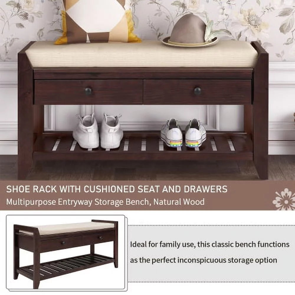 Espresso Shoe Rack with Cushioned Seat and Drawers D933