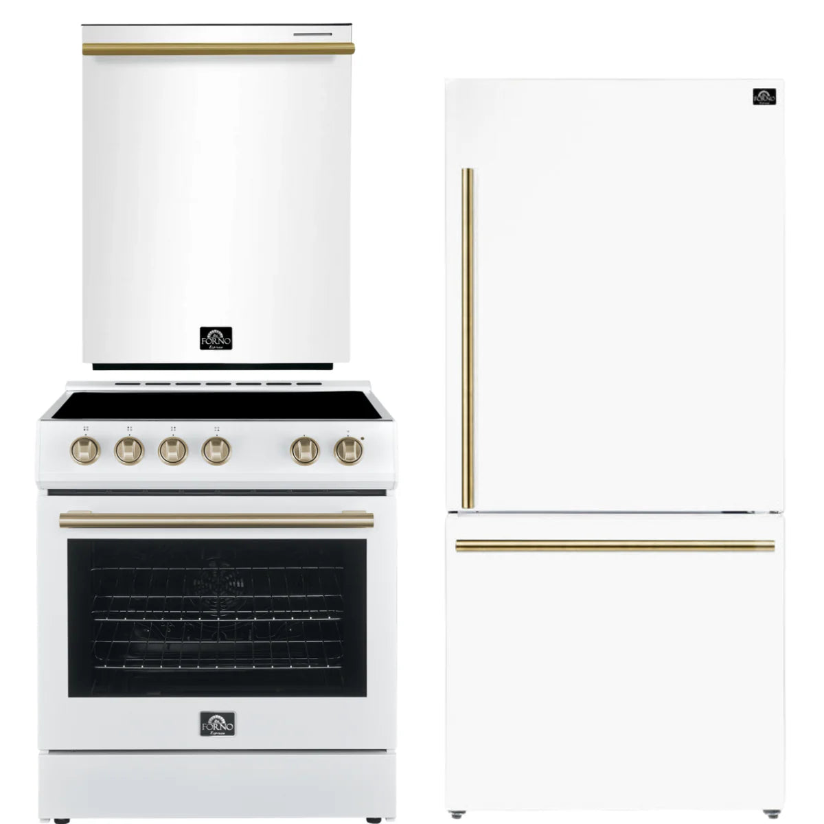30 Electric Range, Refrigerator and Dishwasher in White with Antique Brass Handles N1467