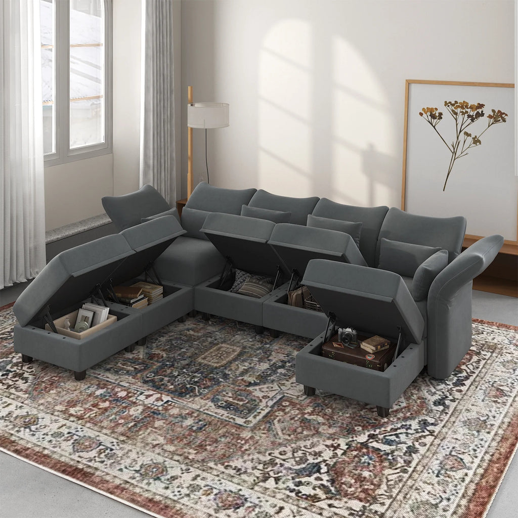 7-Seater Grey Velvet U Shaped Modular Sectional Sofa with Storage Chaise J776819