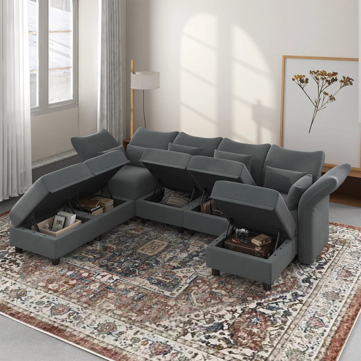7-Seater Grey Velvet U Shaped Modular Sectional Sofa with Storage Chaise J776819