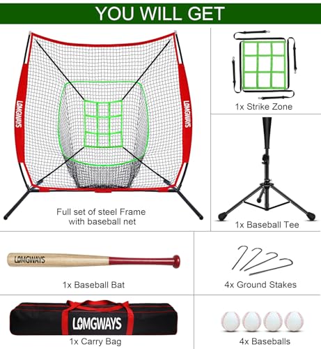 7'x7' Portable Baseball Net Set with Tee, Bat, Balls, Strike Zone, Carrying Bag O971967