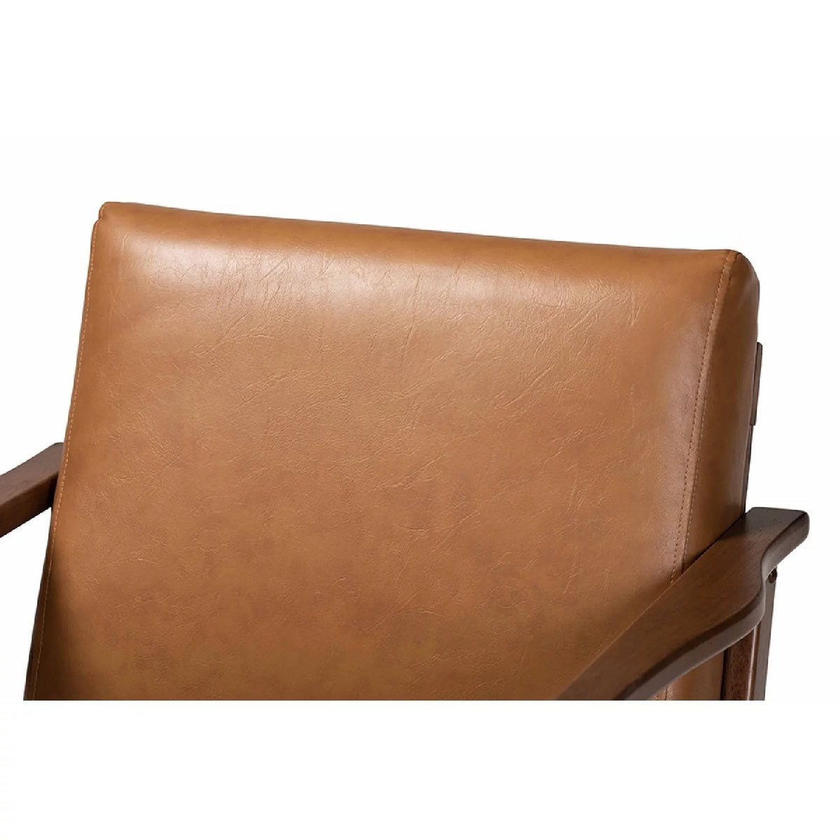 Walnut Brown Wood and Tan Faux Leather Lounge Chair S936