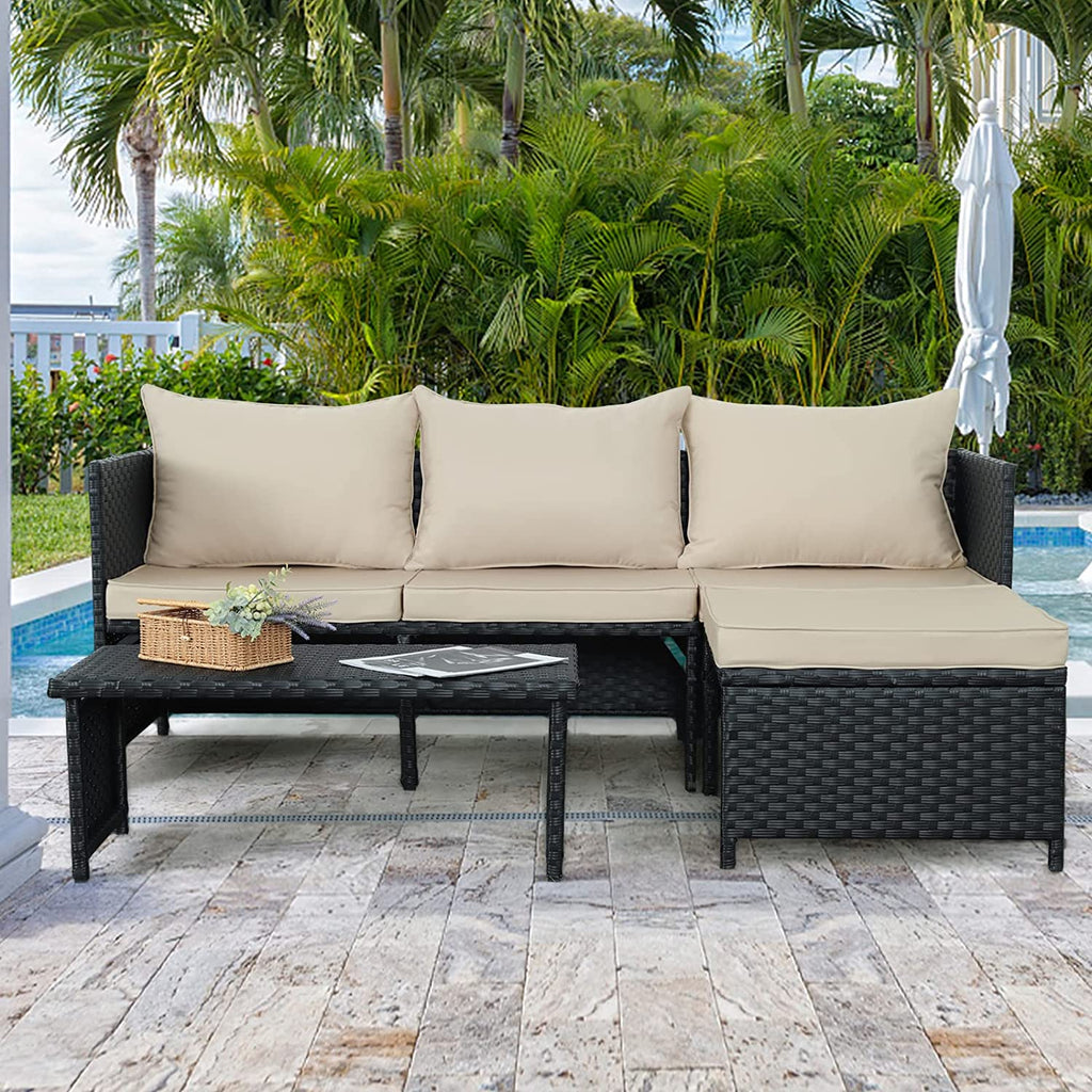 3-Piece Outdoor PE Rattan Patio Conversation Sofa Set K378
