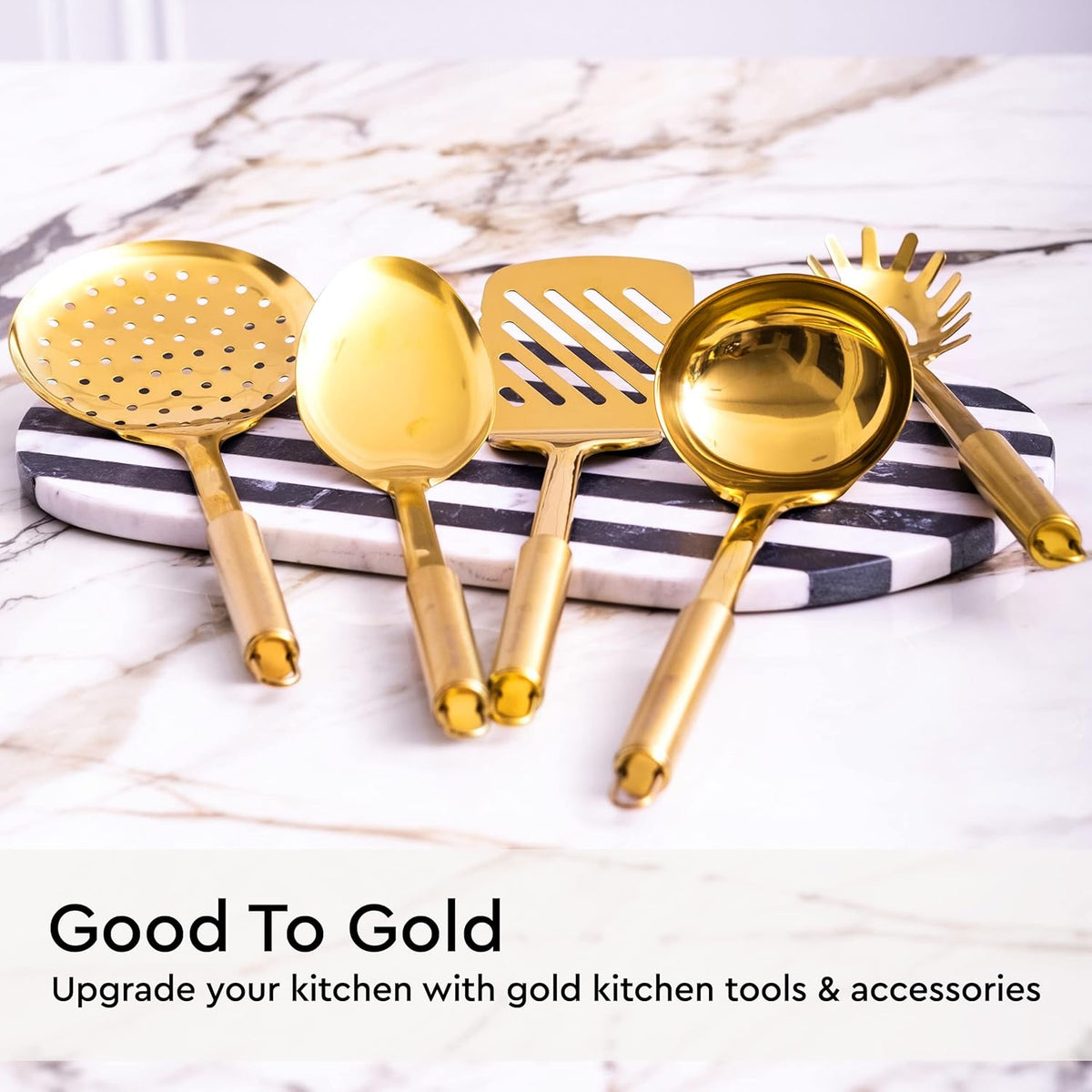 19 Piece Black and Gold Knife Set with Block Self Sharpening and Cooking Utensils Set P80541