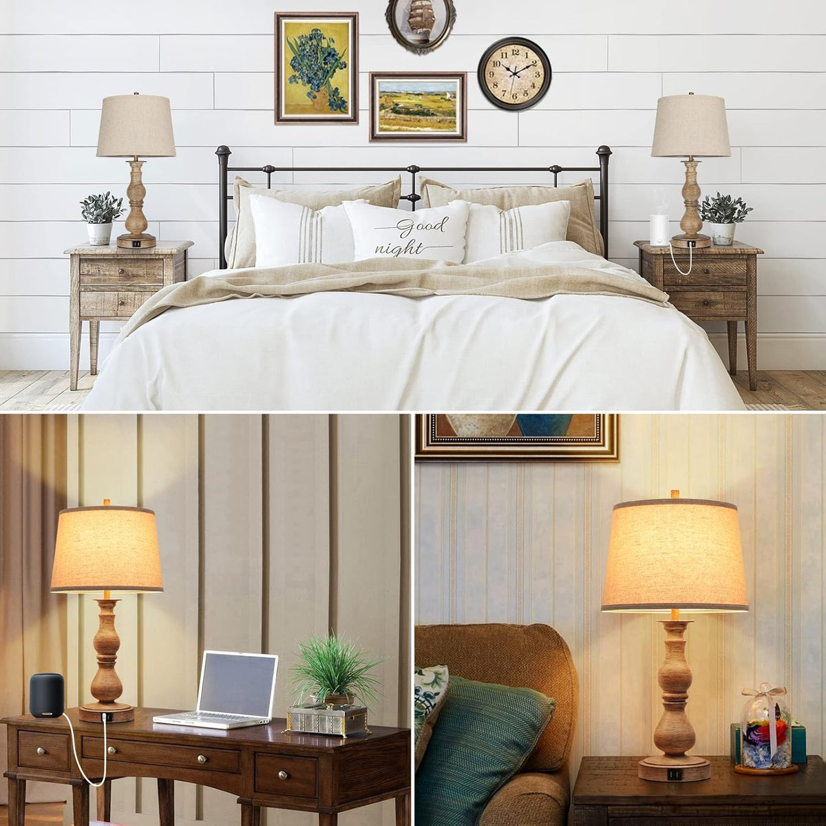 Set of 2 Touch Control Table Lamps with USB Ports, Cream Shades W3269