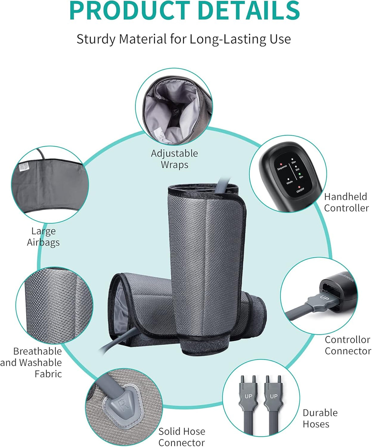 Air Compression Leg Massager with Handheld Controller, 2 Modes 3 Intensity Levels C7145