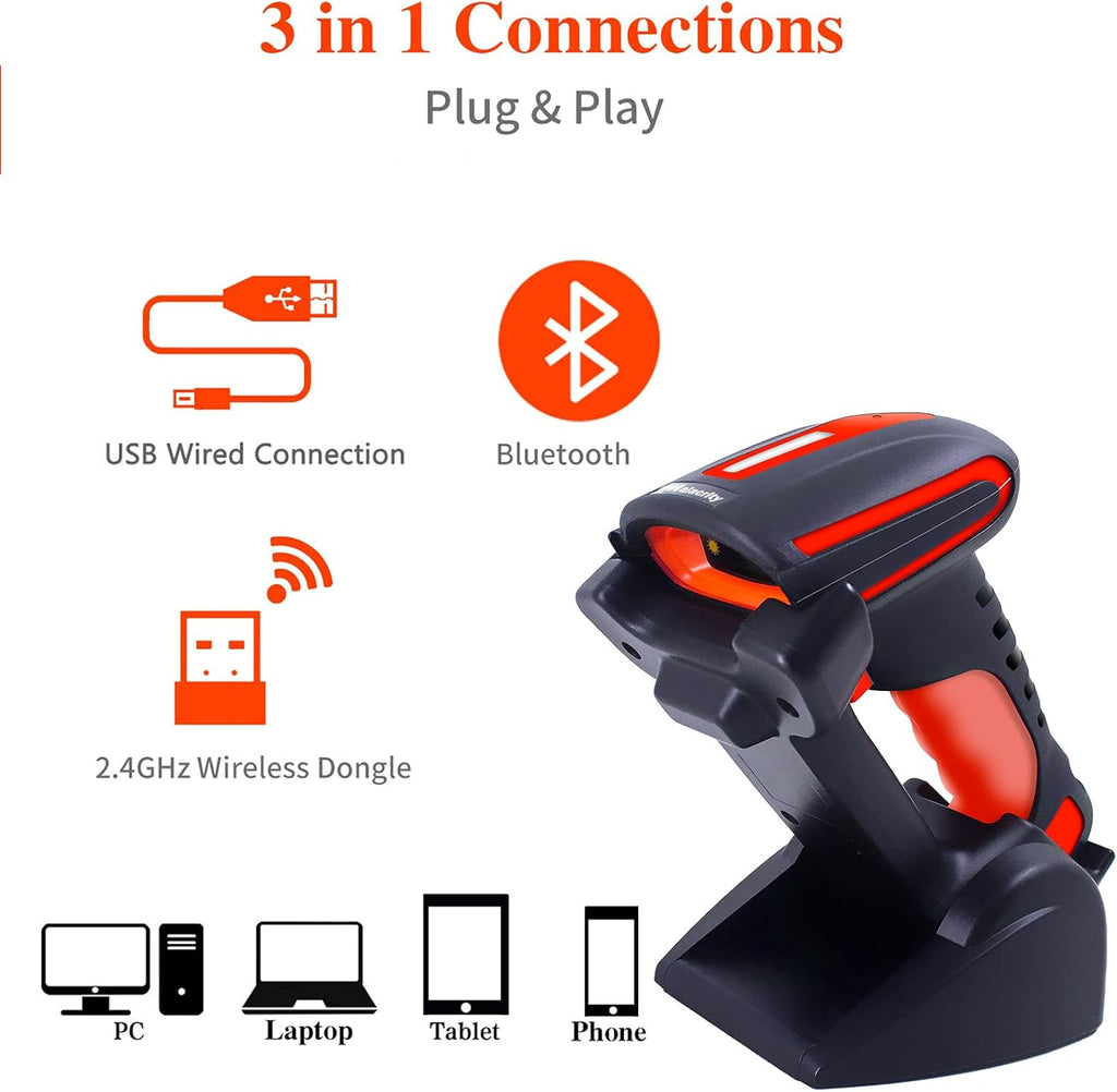 2D 1D QR Industrial Barcode Scanner with Stand, Bluetooth & 2.4GHz Wireless & Wired USB 3in1, Hands Free Barcode Reader, Pack of 2 Y343