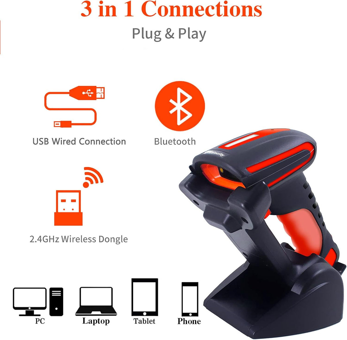2D 1D QR Industrial Barcode Scanner with Stand, Bluetooth & 2.4GHz Wireless & Wired USB 3in1, Hands Free Barcode Reader, Pack of 2 Y343