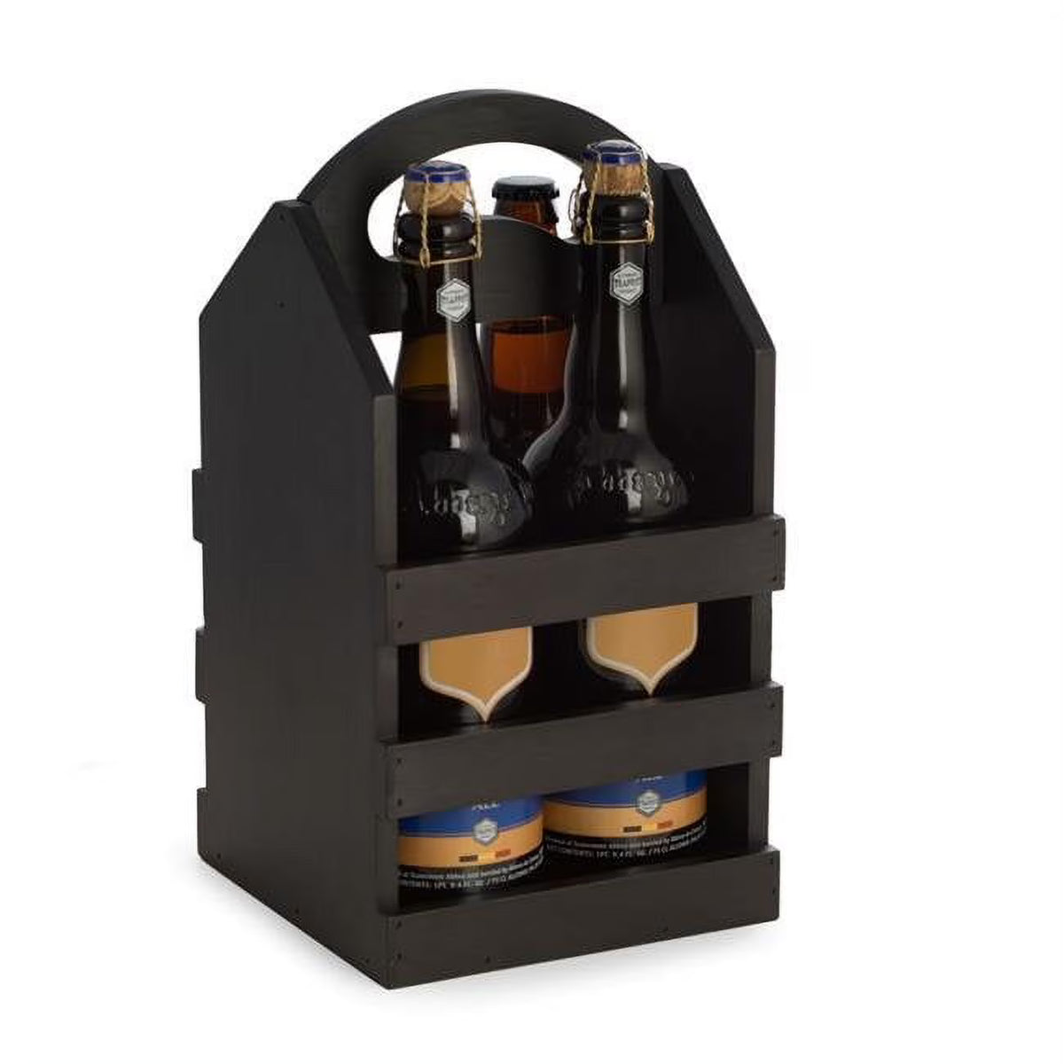 Black Solid Wood Four Bottle Caddy with Built in Handle C5891
